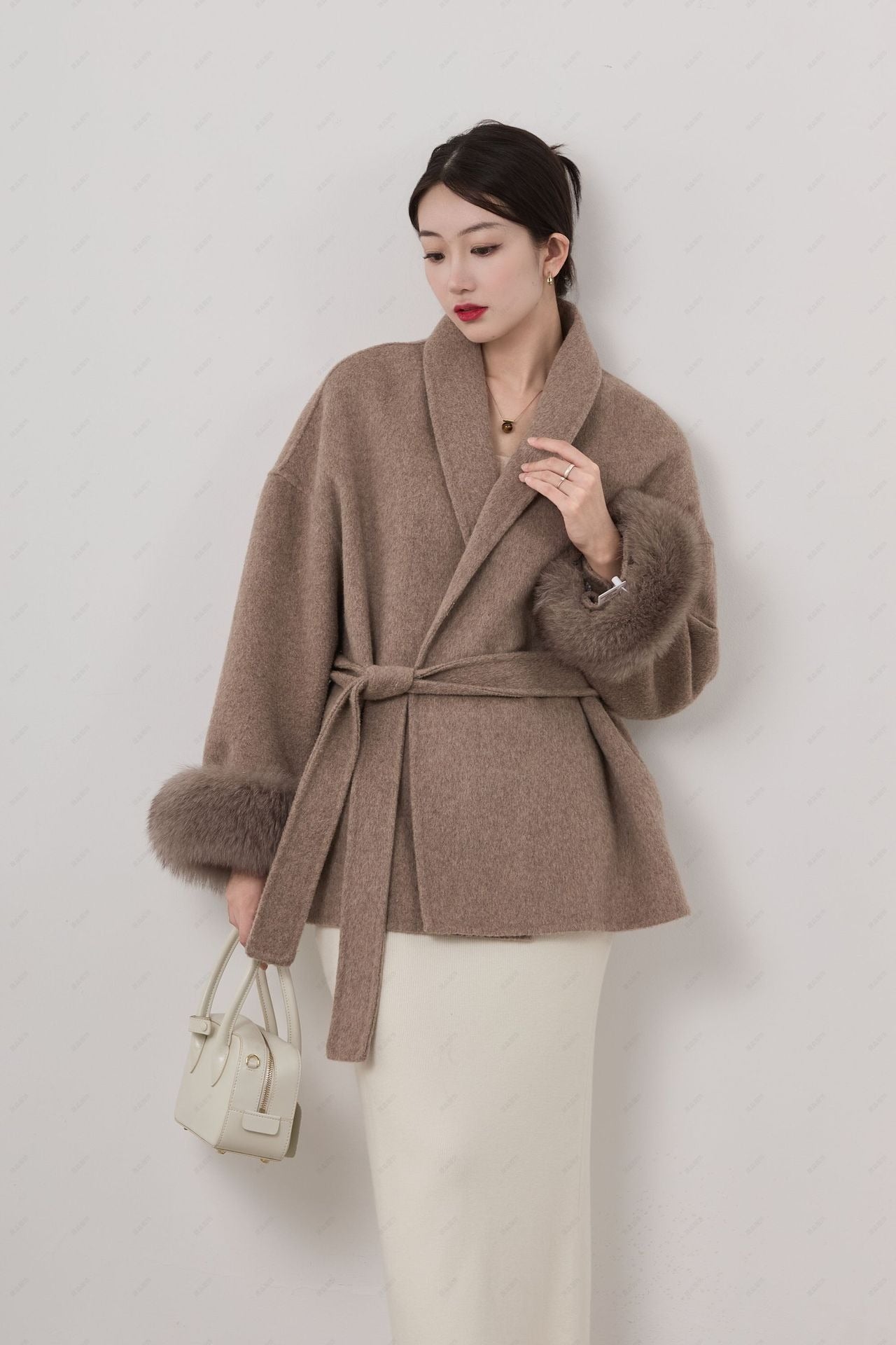 Warm Short Women's Wool Coat with Belt and Fur Trim