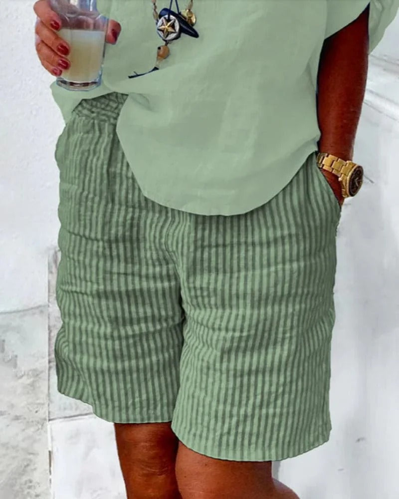 Comfy Women's Striped Shorts Elastic Waist Casual Wear - Nocini