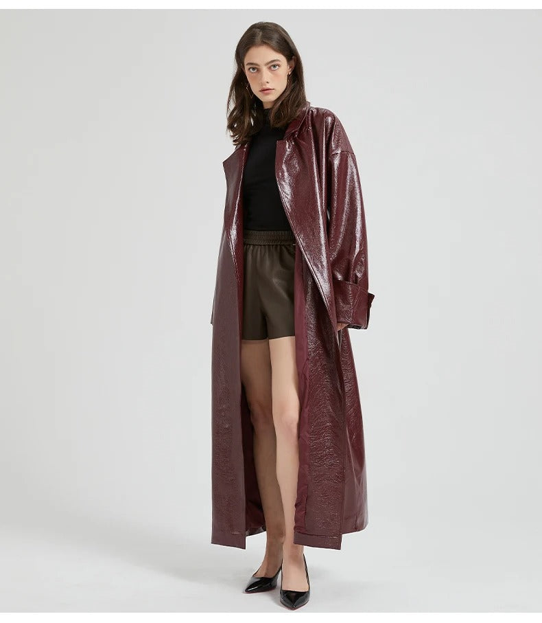 Women's Long Glossy Leather Trench Coat Slim Fit - Nocini