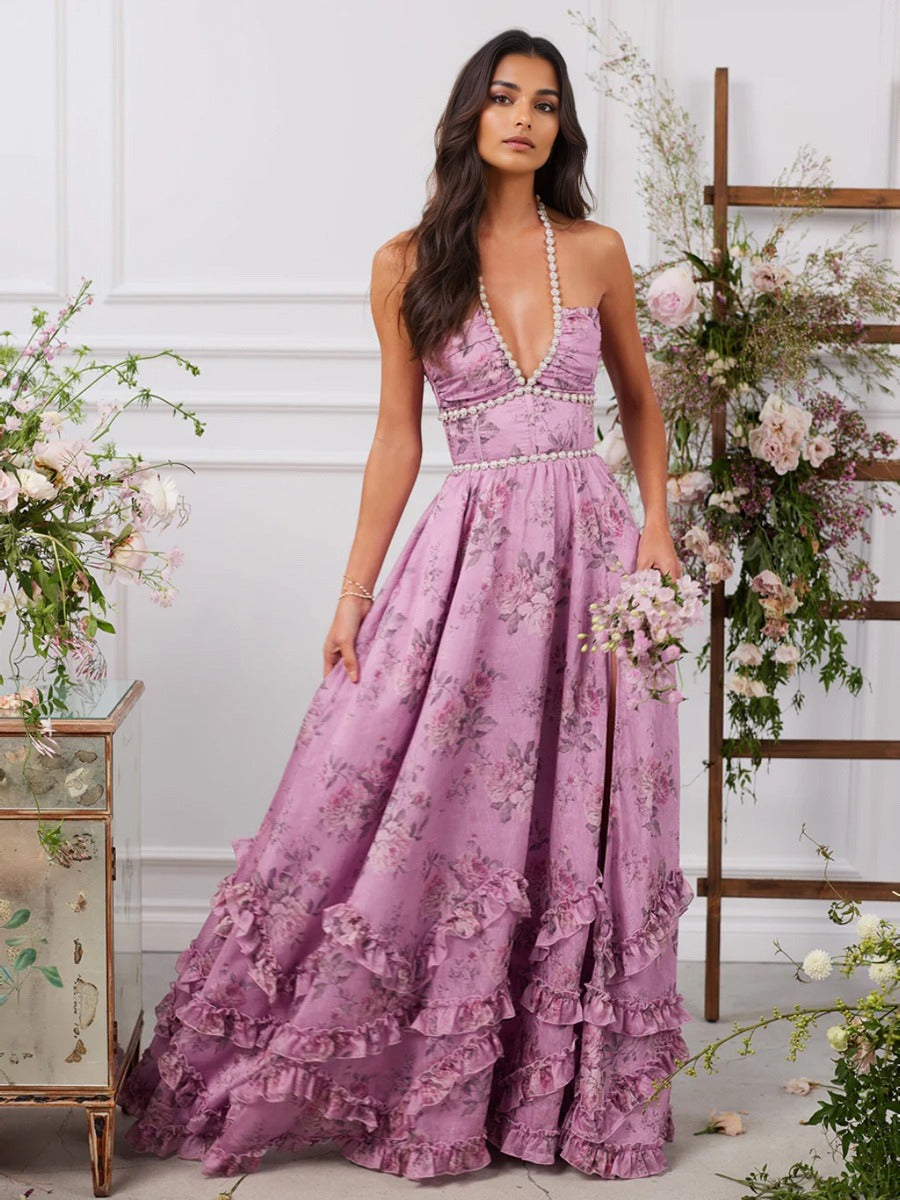 Women's Floral Maxi Dress with Halter Neckline - Nocini