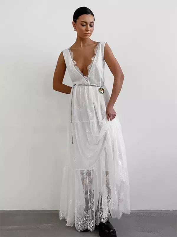 Chic Women's Lace Deep V Neck Summer Dress
