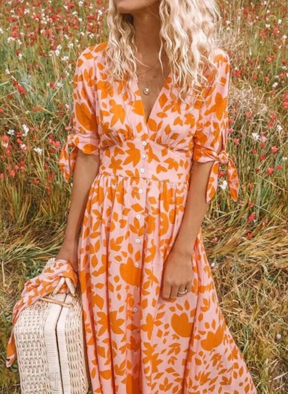 Casual V Neck Short Sleeve Summer Dress - Nocini
