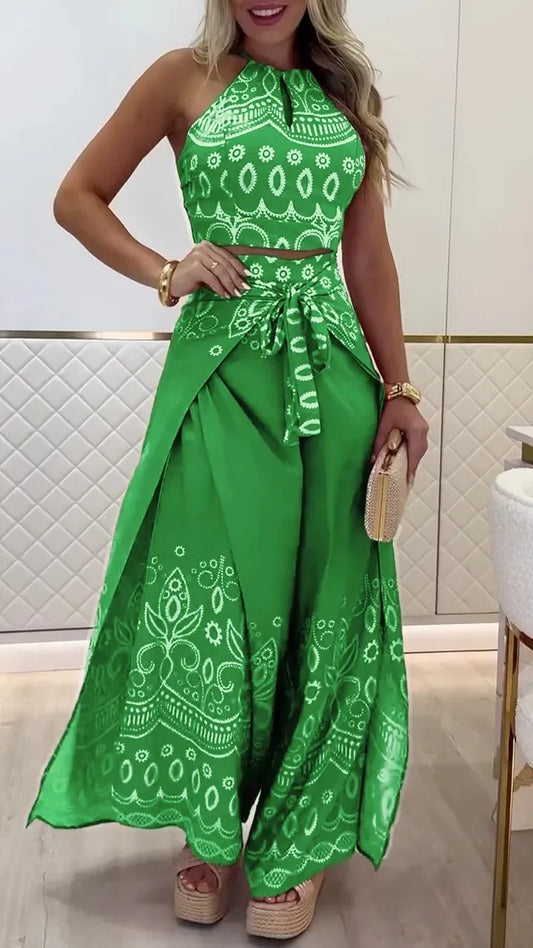 Vintage Print High Waist Crop Top and Wide Leg Pants Set - Nocini