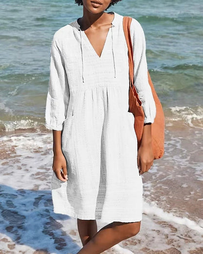 Casual V-Neck Dress for Women with Loose Fit Sleeves