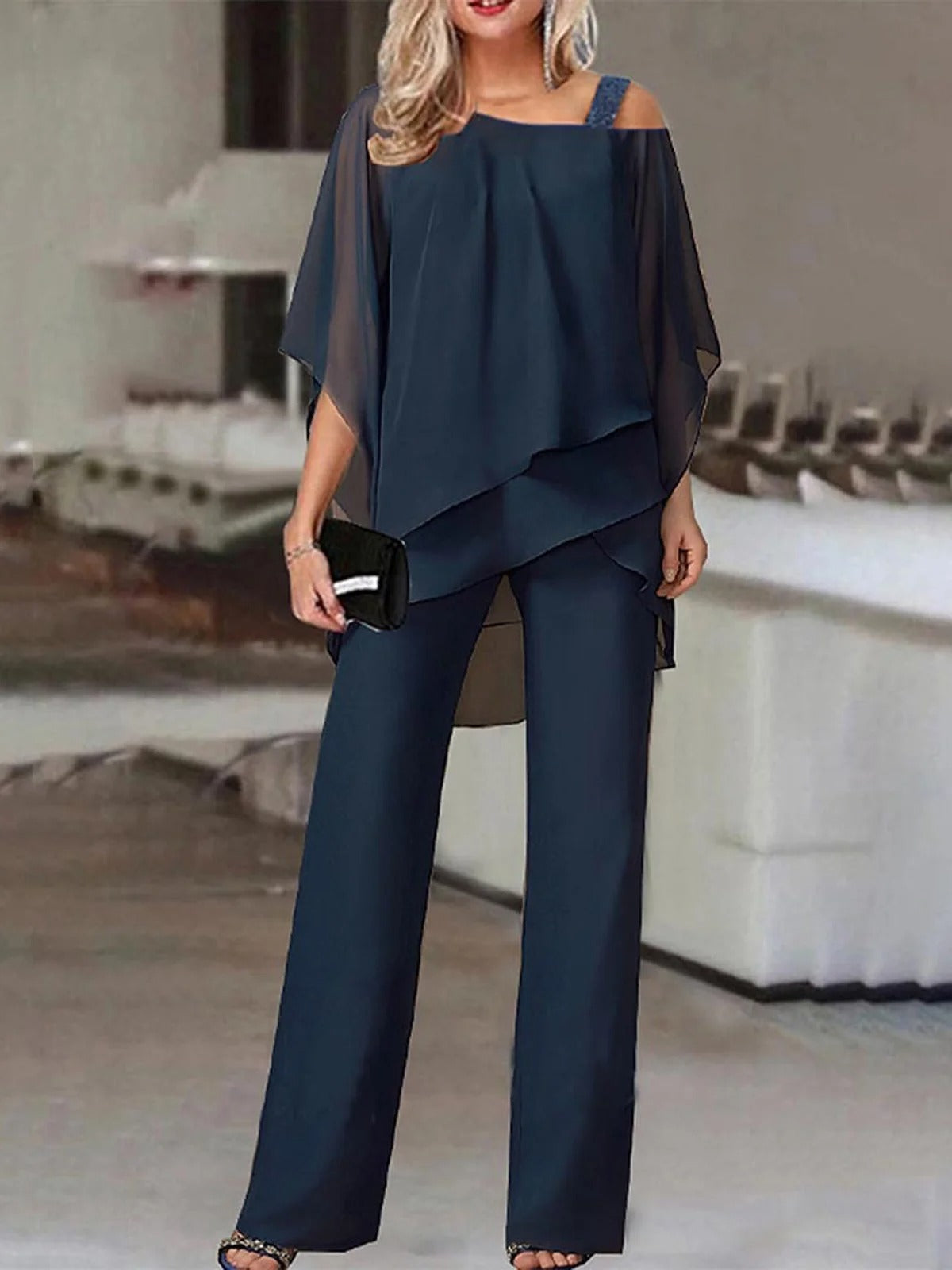 Ladies' 2-Piece Outfit - Casual Off Shoulder Top and Pants - Nocini