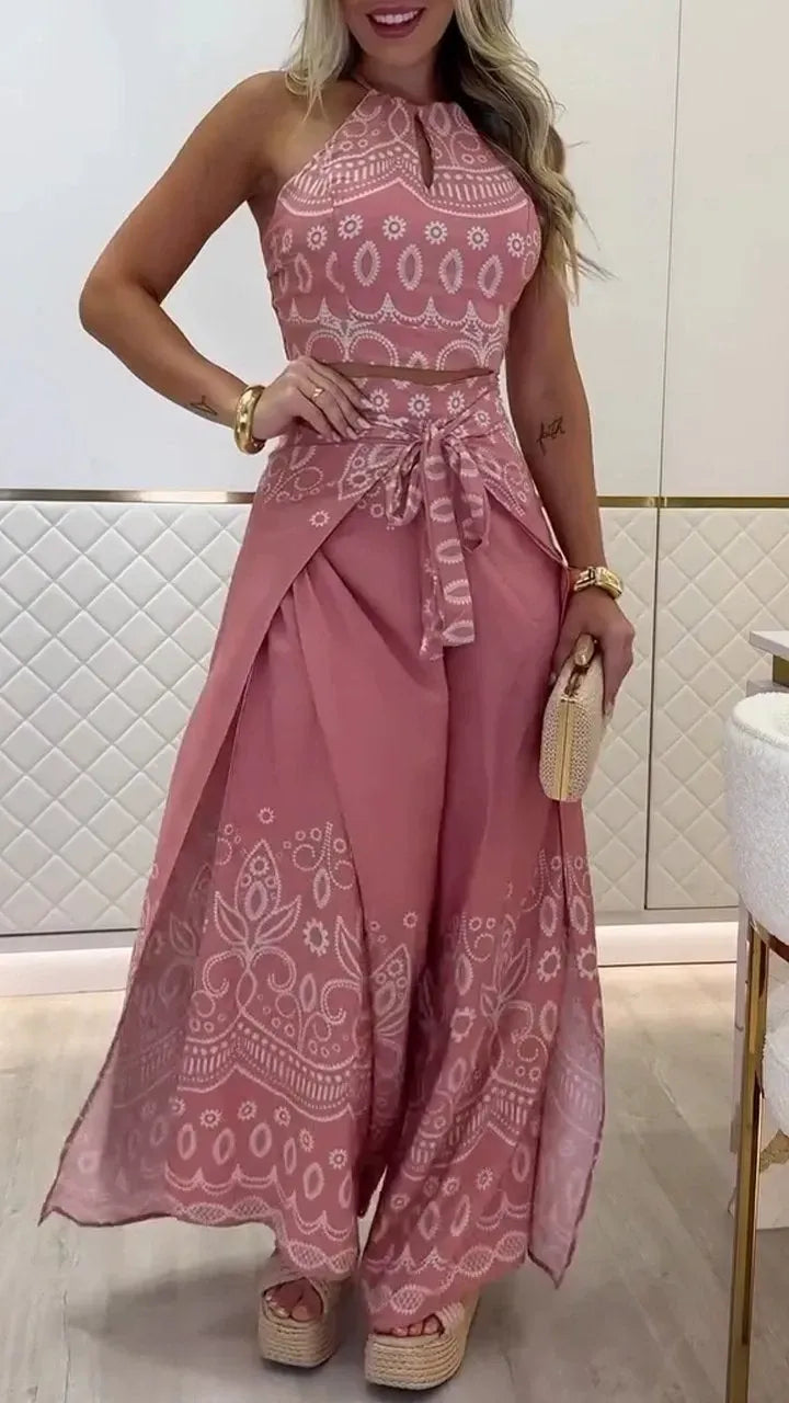 Vintage Print High Waist Crop Top and Wide Leg Pants Set
