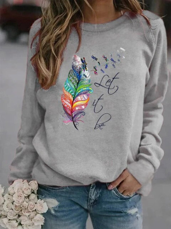 Cozy Women's Feather Print Long Sleeve Sweater