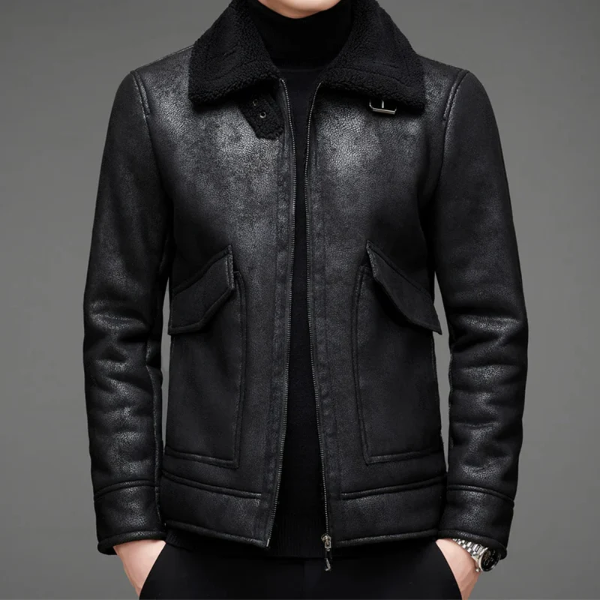 Classic Men's Zip Leather Jacket with Shearling Trim - Nocini