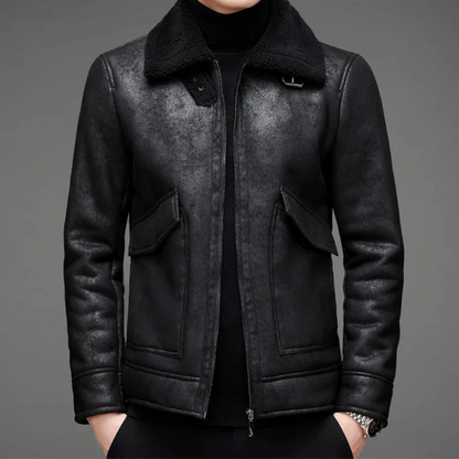 Classic Men's Zip Leather Jacket with Shearling Trim - Nocini
