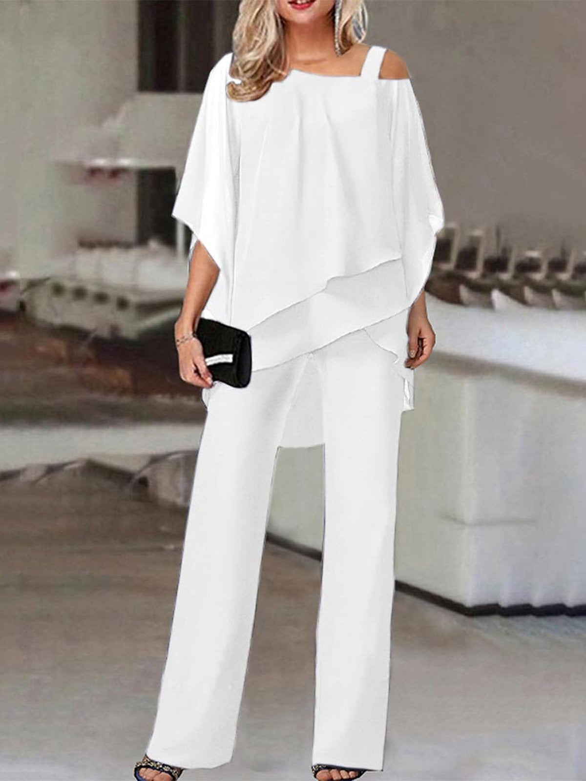 Ladies' 2-Piece Outfit - Casual Off Shoulder Top and Pants