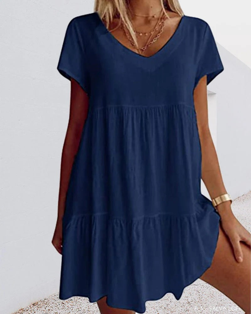 Ladies' V-Neck A-Line Dress with Lightweight Check Print