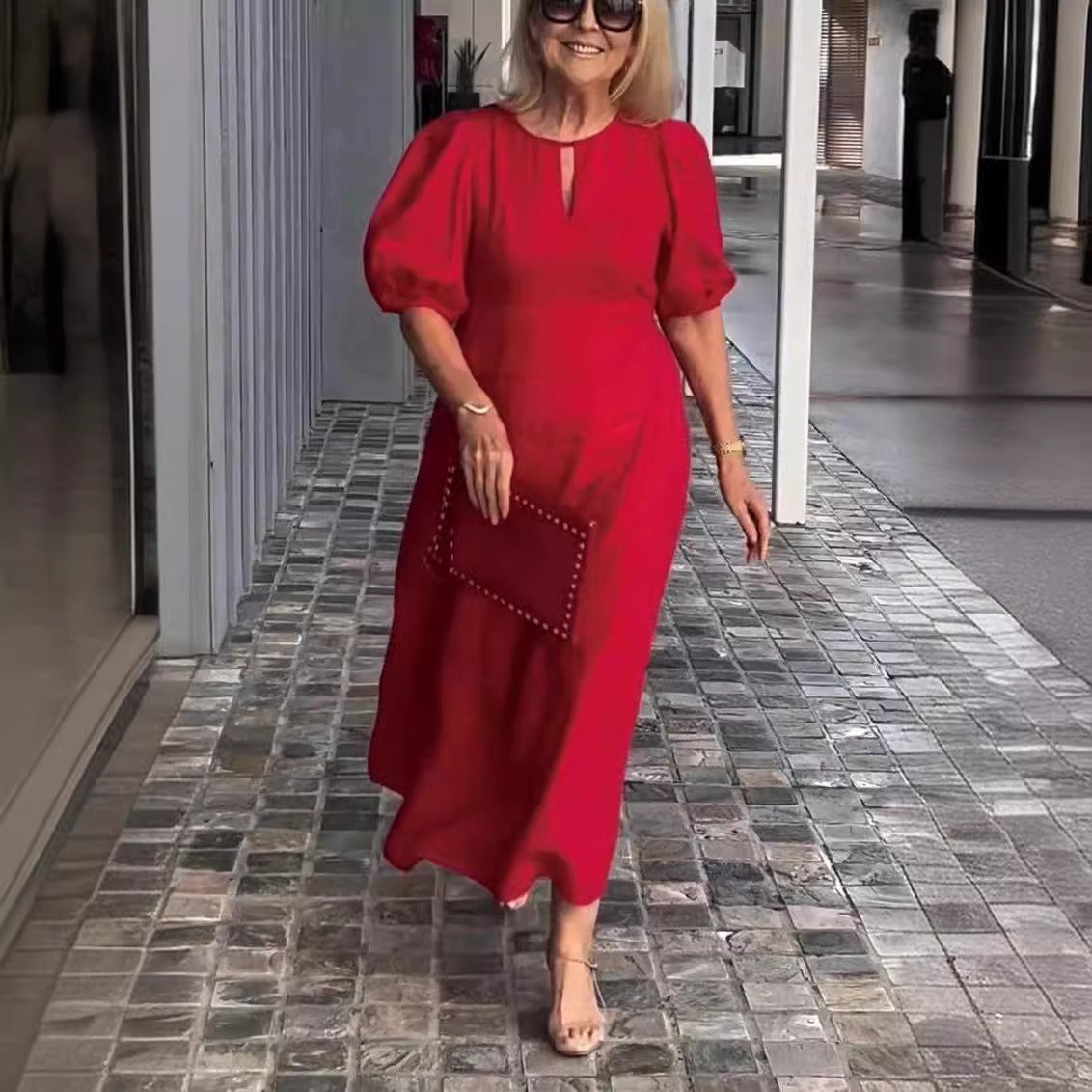 Casual Fit Women's Midi Dress with Puff Sleeves