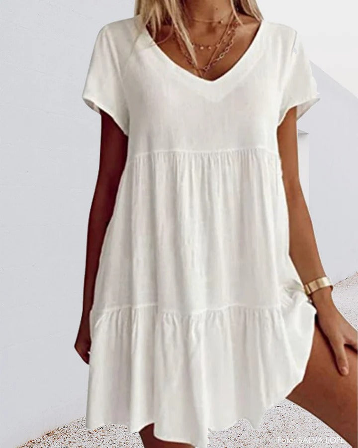 Ladies' V-Neck A-Line Dress with Lightweight Check Print - Nocini