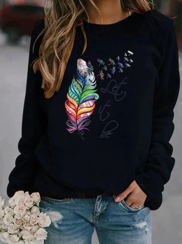 Cozy Women's Feather Print Long Sleeve Sweater
