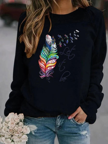 Cozy Women's Feather Print Long Sleeve Sweater