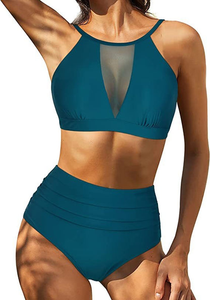 Women's High Waist Bikini Set with Lace Up Top