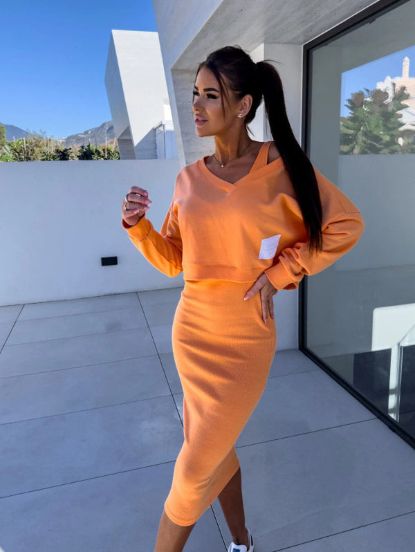 Fitted Women's Casual Dress Set Long Sleeve V Neck Midi - Nocini