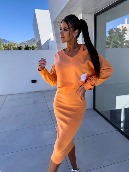 Fitted Women's Casual Dress Set Long Sleeve V Neck Midi - Nocini
