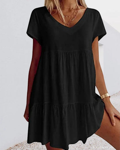 Ladies' V-Neck A-Line Dress with Lightweight Check Print