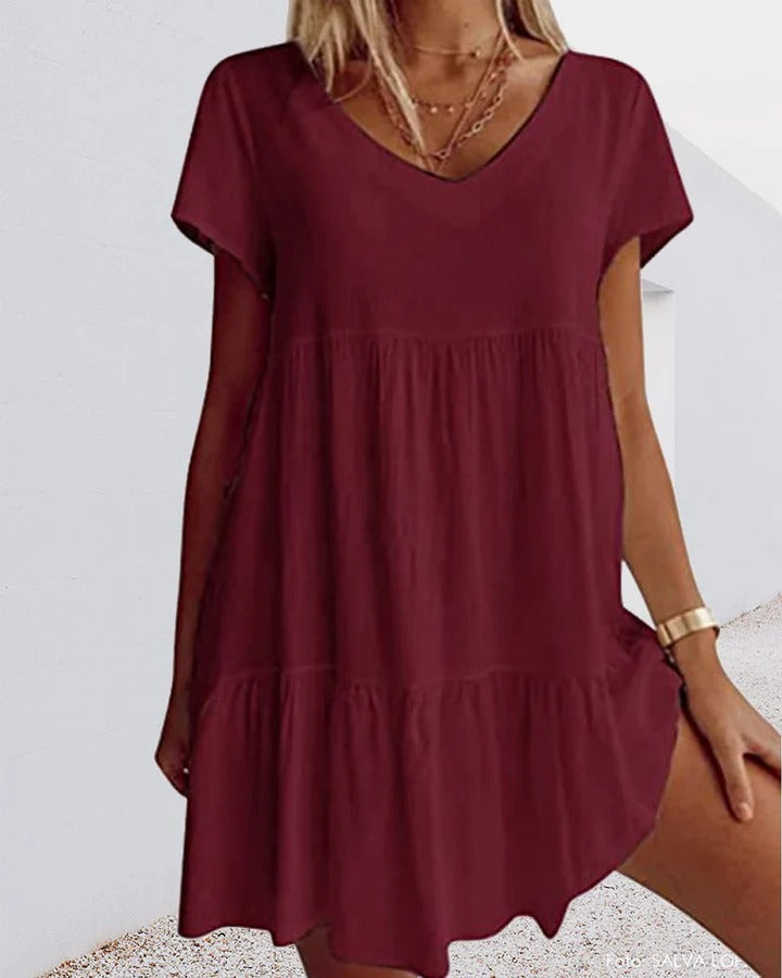 Ladies' V-Neck A-Line Dress with Lightweight Check Print