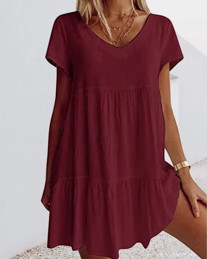 Ladies' V-Neck A-Line Dress with Lightweight Check Print