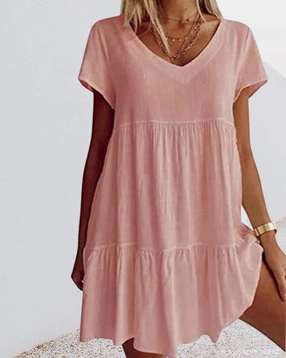 Ladies' V-Neck A-Line Dress with Lightweight Check Print