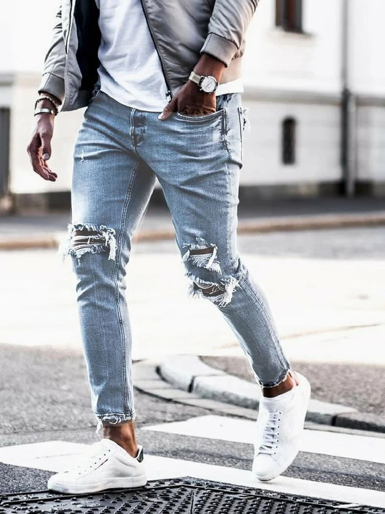 Skinny Fit Mens Jeans with Ripped Knees and Straight Leg - Nocini