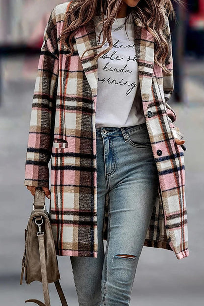 Ladies Plaid Wool Coat with Button Front - Nocini