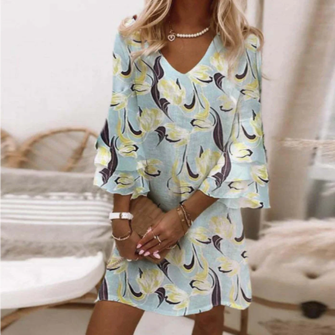 Casual V Neck Mini Dress with Short Sleeves