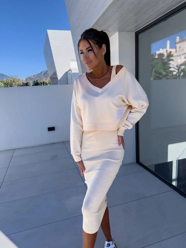 Fitted Women's Casual Dress Set Long Sleeve V Neck Midi