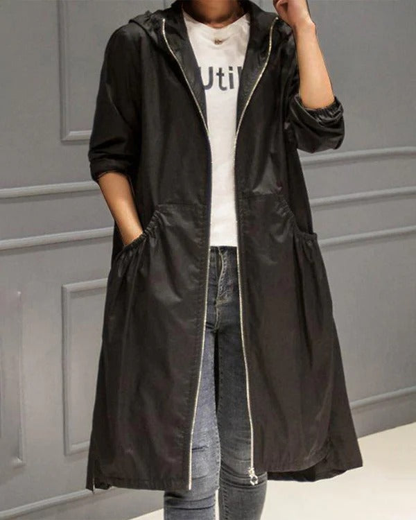 Waterproof Women's Trench Coat with Hood and Zipper