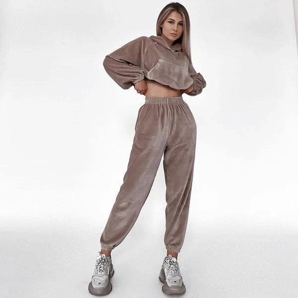 Soft Women's Velour Lounge Set Cropped Hoodie Pants - Nocini