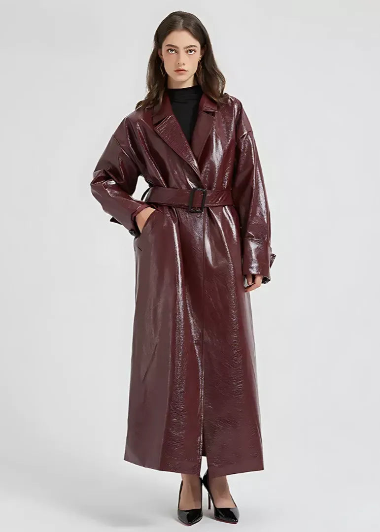 Women's Long Glossy Leather Trench Coat Slim Fit