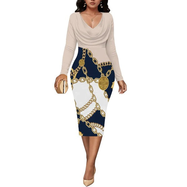 Women's Chain Print Midi Dress with Long Sleeves