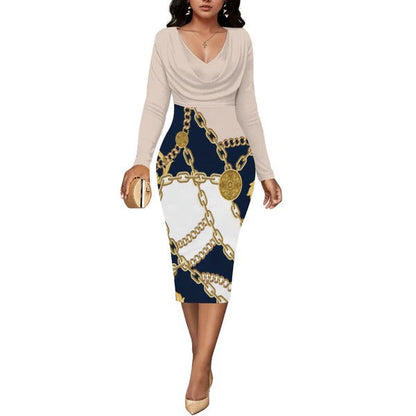 Women's Chain Print Midi Dress with Long Sleeves
