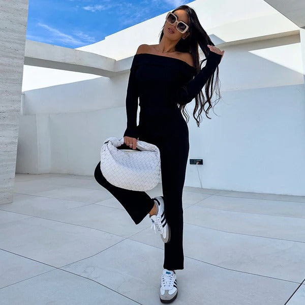 Women's Off Shoulder Jumpsuit Full Length Flared Legs - Nocini