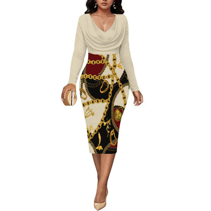 Women's Chain Print Midi Dress with Long Sleeves