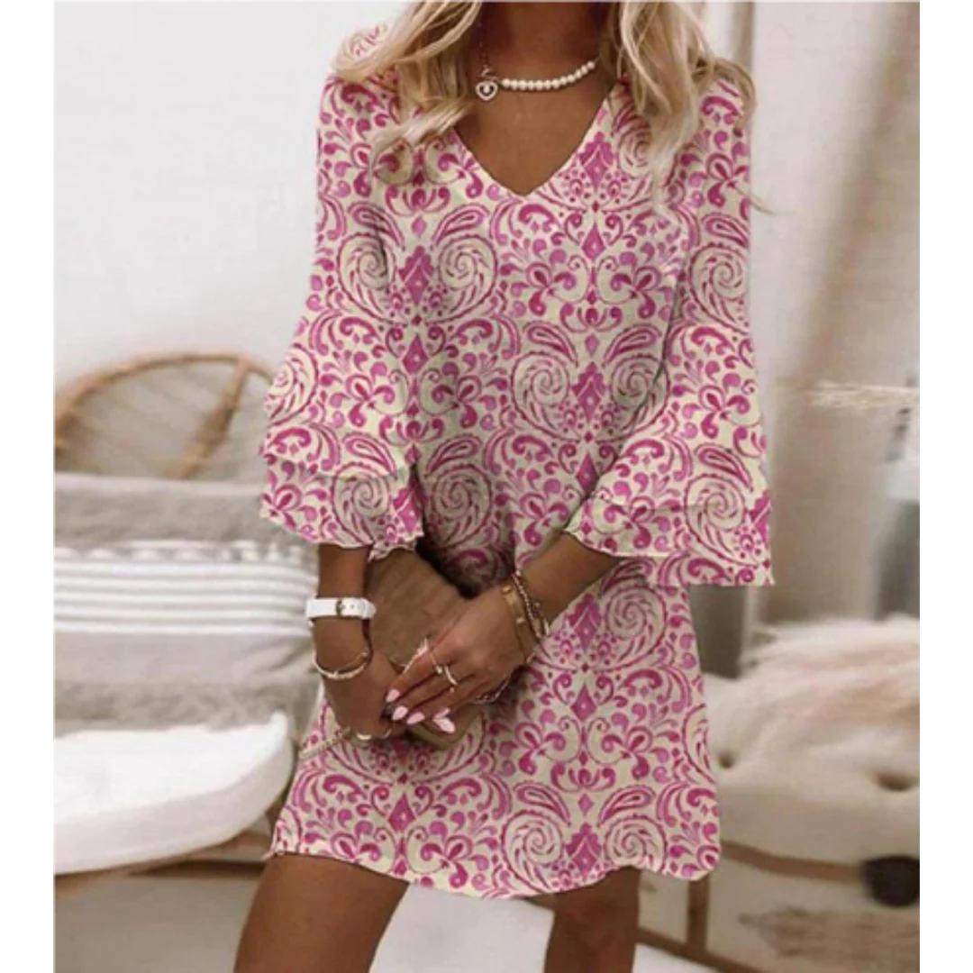 Casual V Neck Mini Dress with Short Sleeves - Nocini
