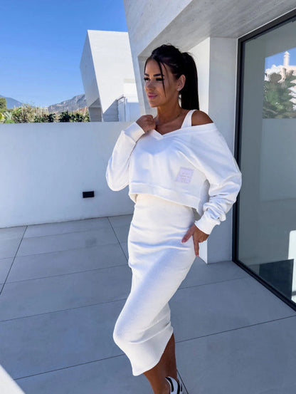 Fitted Women's Casual Dress Set Long Sleeve V Neck Midi