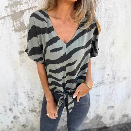 Casual V Neck Short Sleeve Women's Top