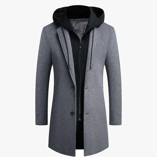 Classic Fit Mens Wool Coat with Removable Hood