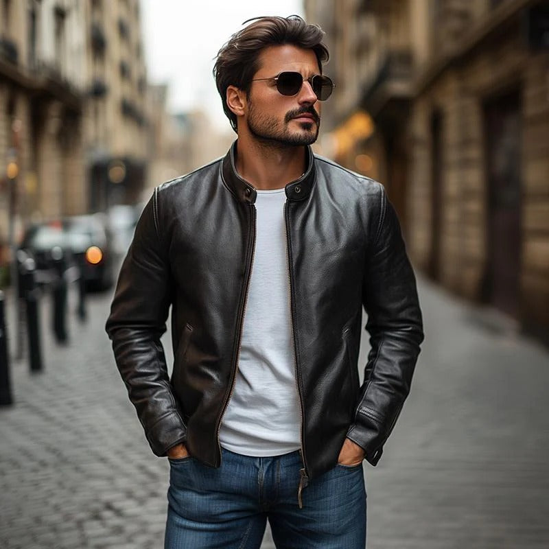 Slim Fit Men's Zip Leather Jacket - Nocini