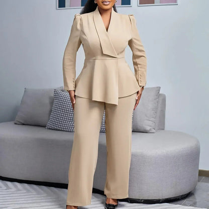 Women's Chic Peplum Jacket and Trousers Suit Set