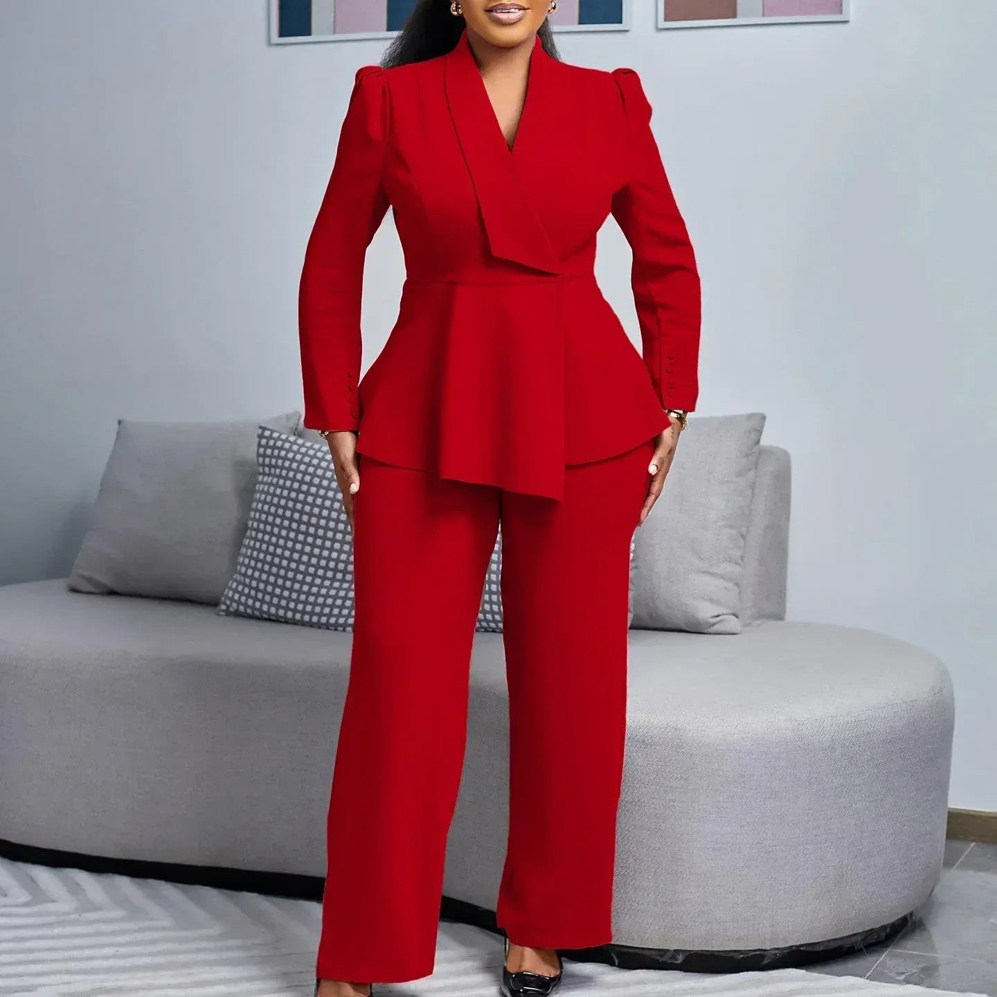Women's Chic Peplum Jacket and Trousers Suit Set