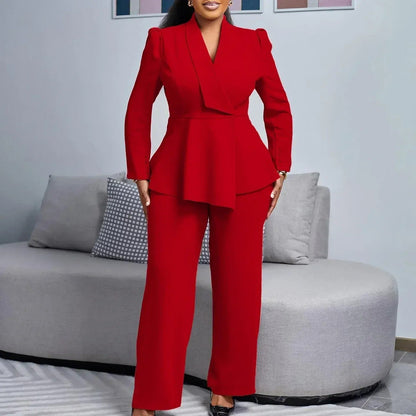 Women's Chic Peplum Jacket and Trousers Suit Set