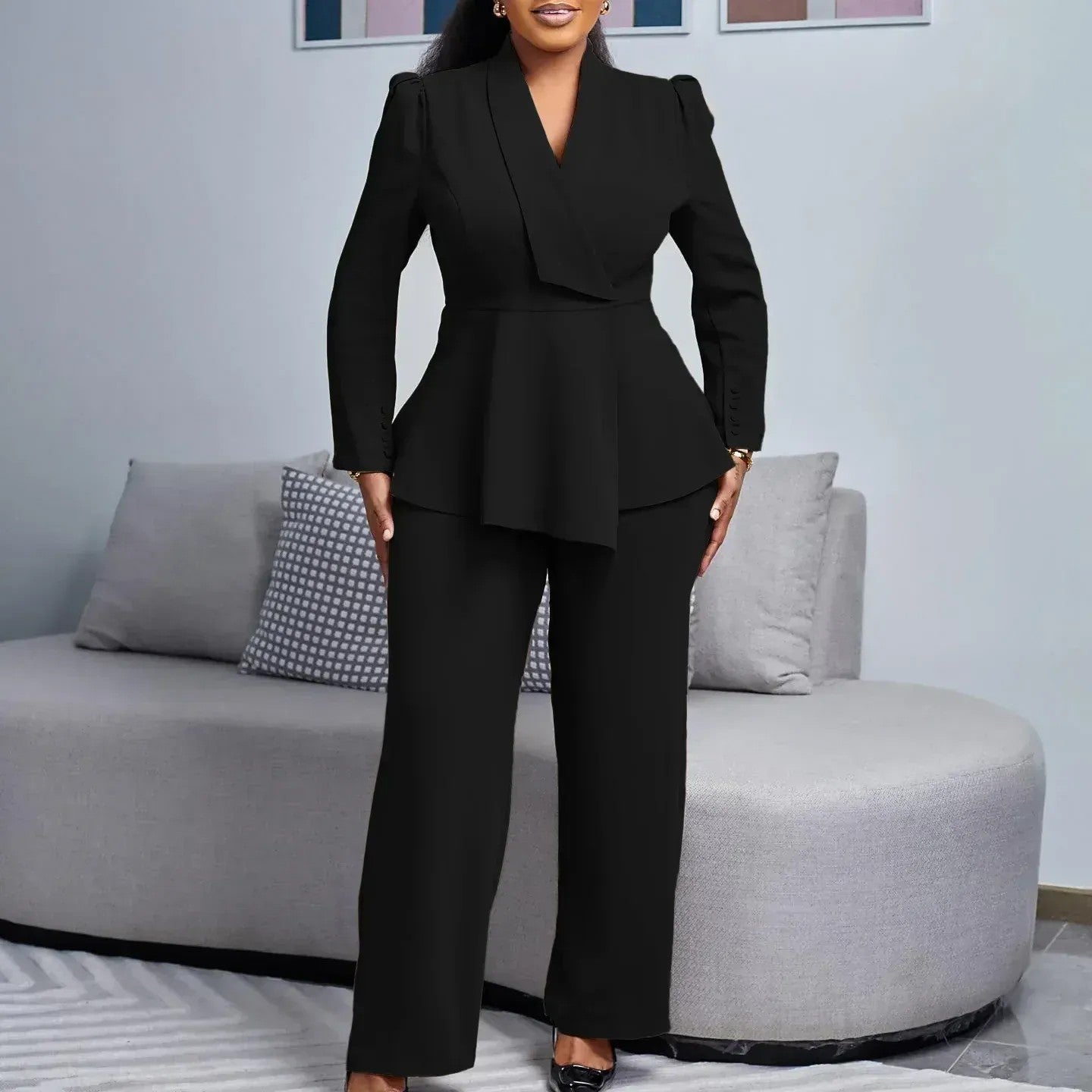 Women's Chic Peplum Jacket and Trousers Suit Set - Nocini