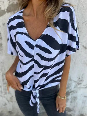Casual V Neck Short Sleeve Women's Top