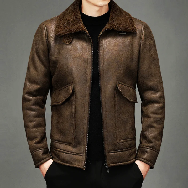Classic Men's Zip Leather Jacket with Shearling Trim