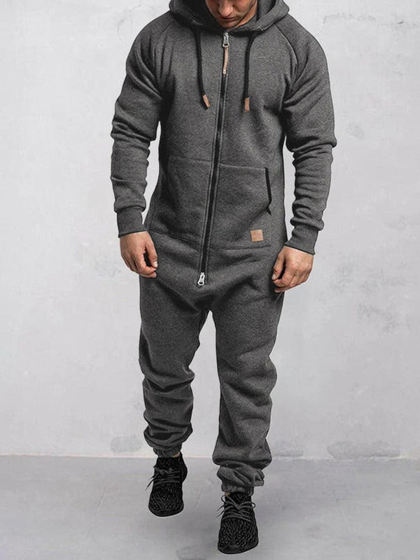 Men's Full Length Hooded Jumpsuit Soft Fleece Zip Up