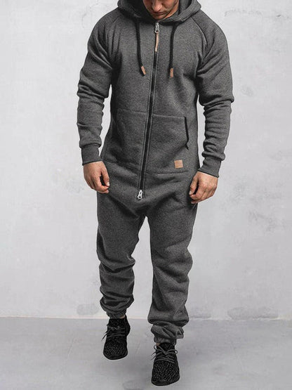 Men's Full Length Hooded Jumpsuit Soft Fleece Zip Up